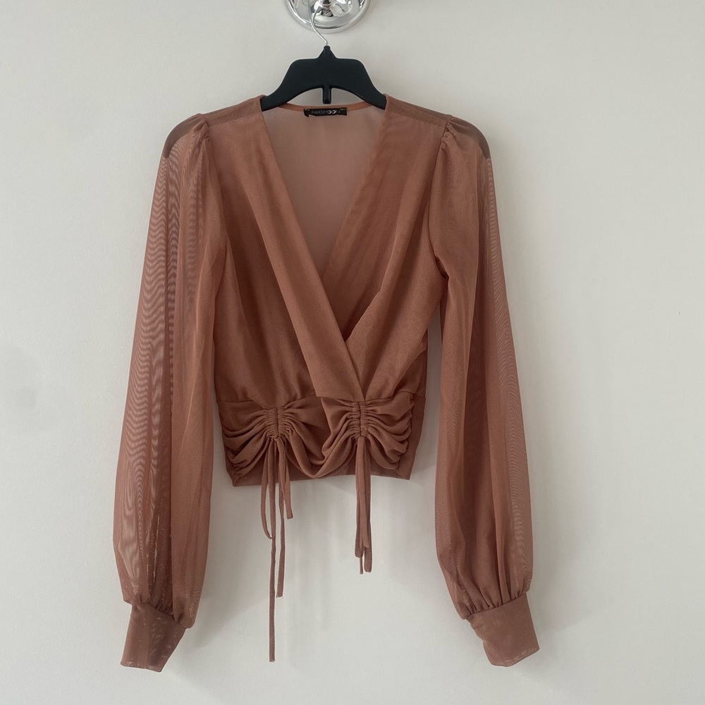 Paper Moon Sheer Blouse Scrunch Ties Rose Beige Evening Small Women
